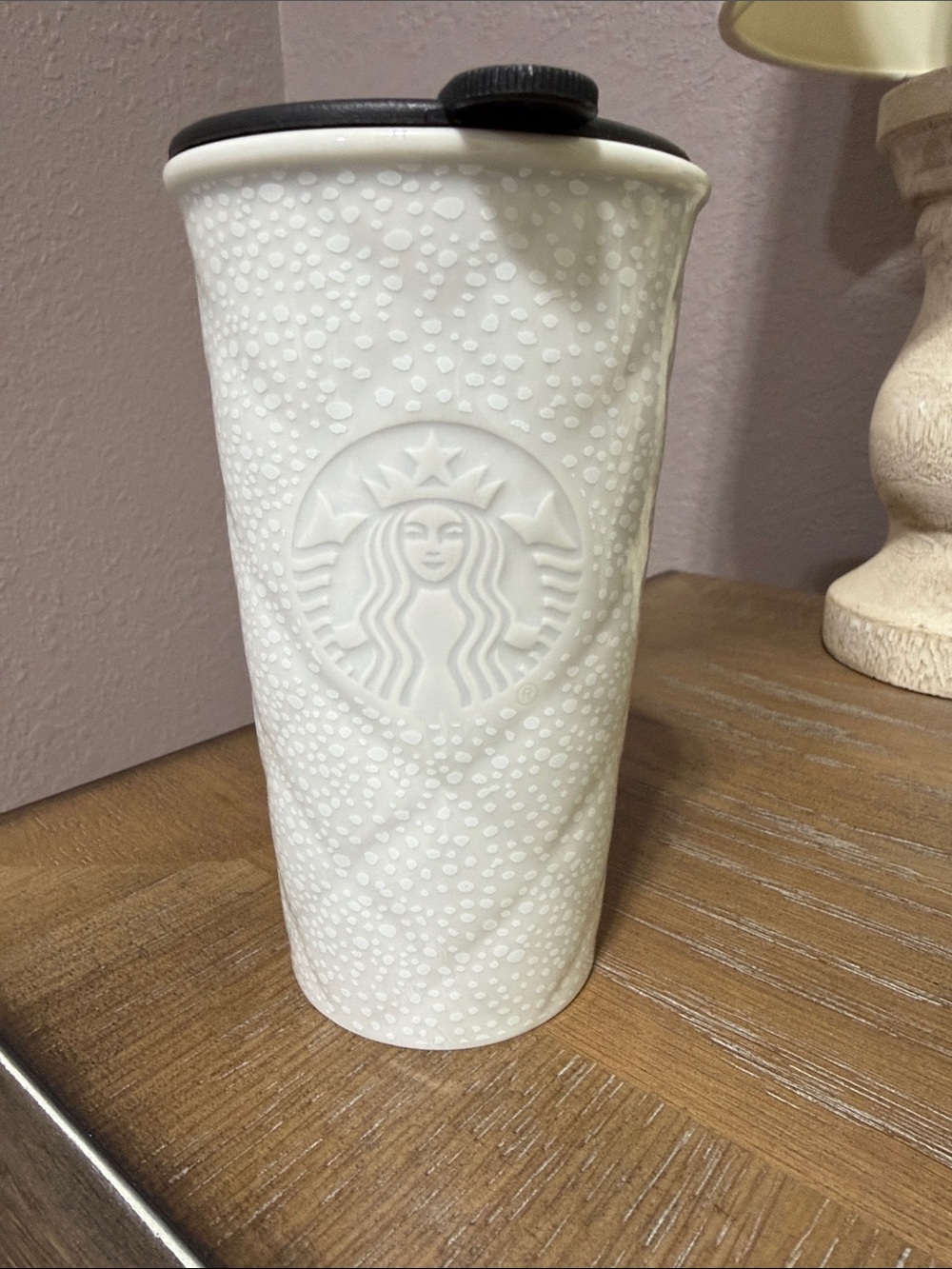 Starbucks Cream Textured Ceramic Travel Cup with Black Lid